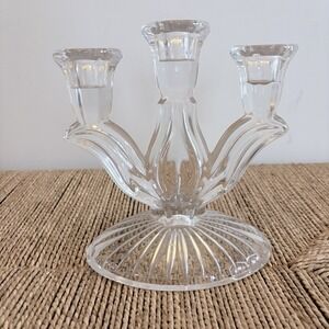 Candelabra 3‎ Arm Crystal Clear Glass Candles Holder 7.5" Tall Vintage